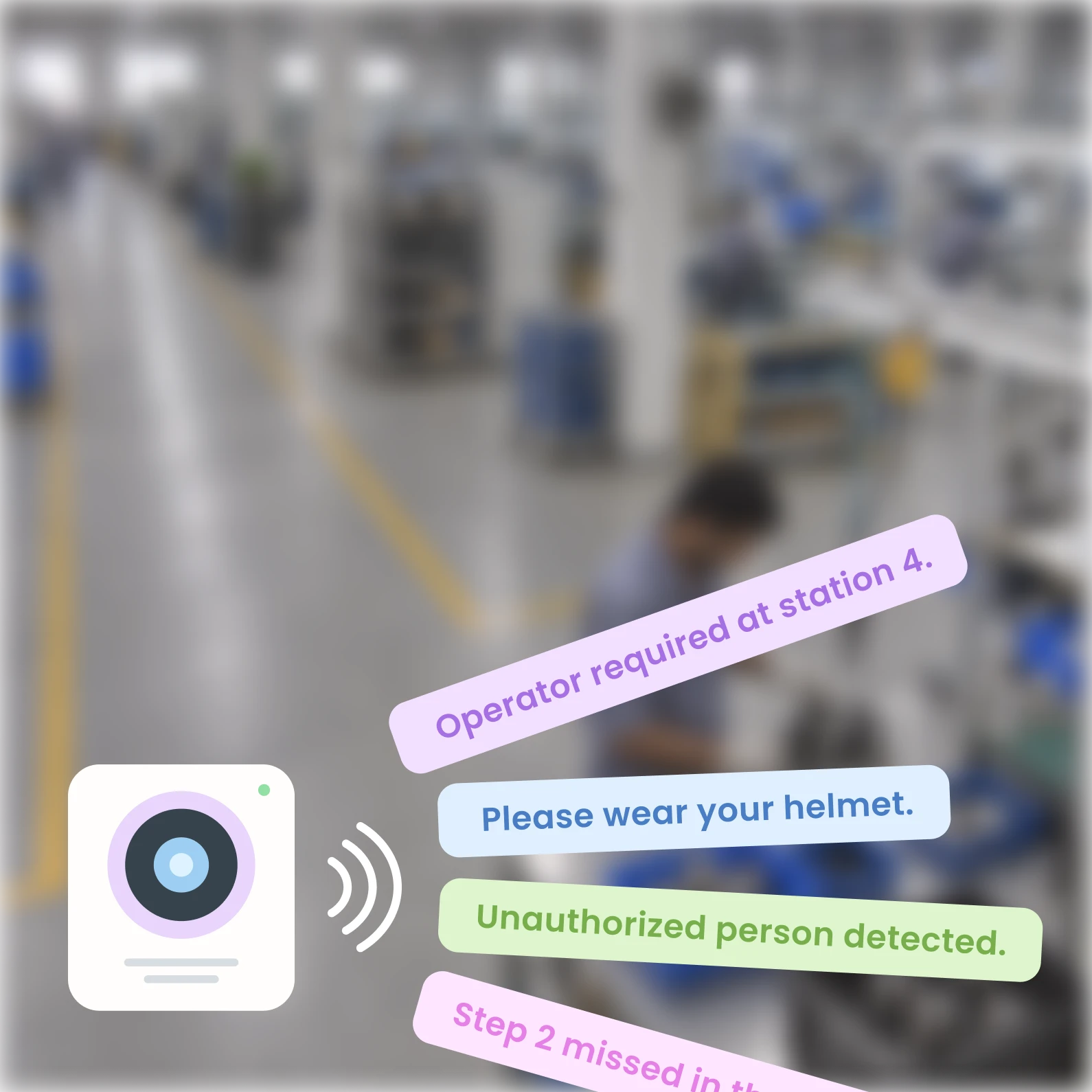 Zigzag Cue speaker announcing operator, helmet, unauthorized person, and missed-step alerts