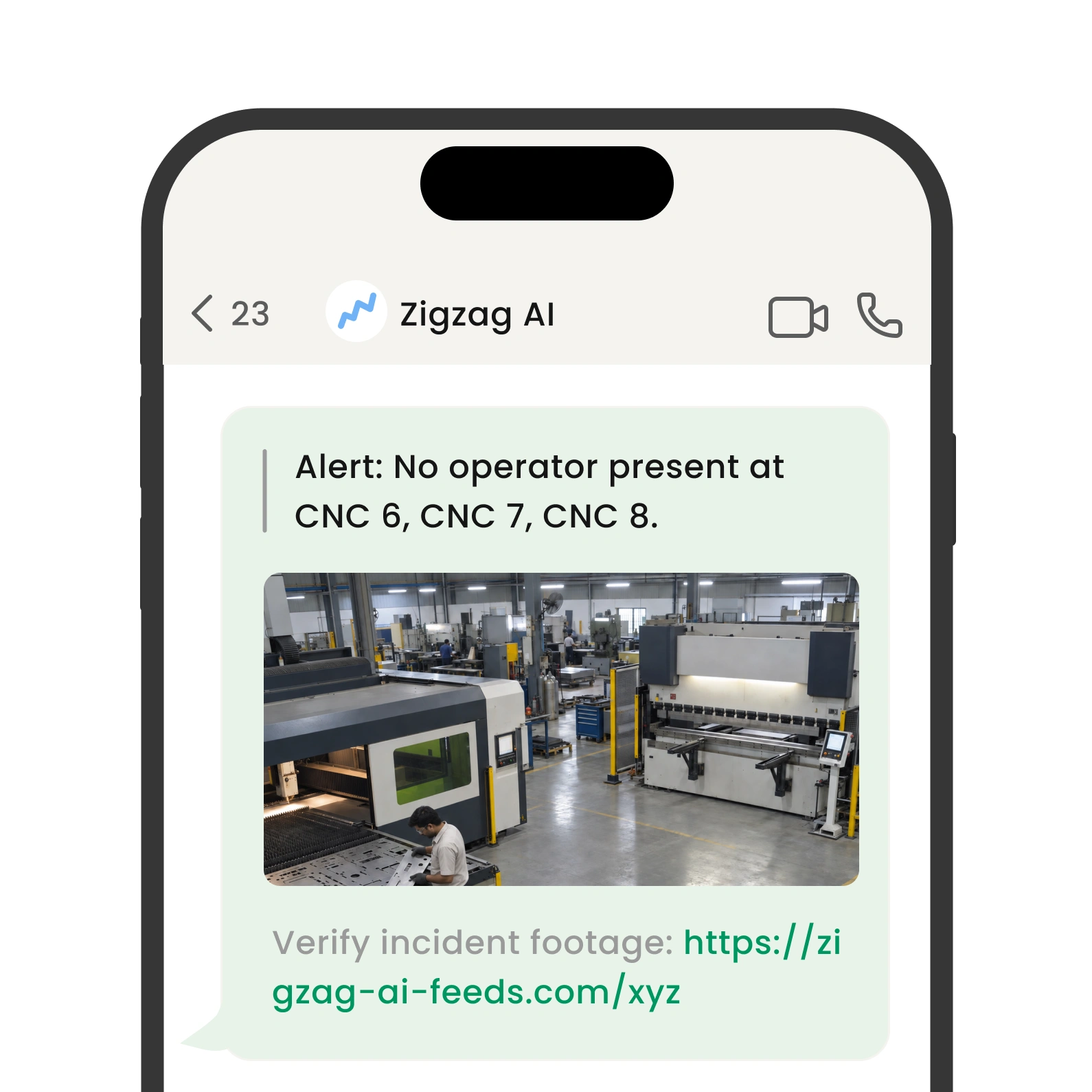 WhatsApp alert that no operator is present at CNC 6, 7, and 8