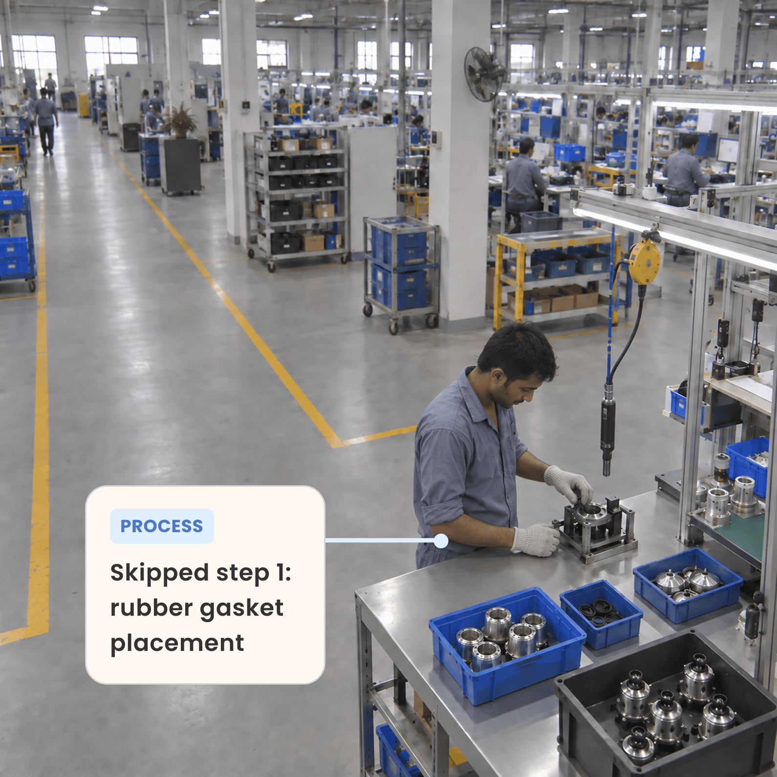 Assembly line with a process note for a skipped rubber gasket step