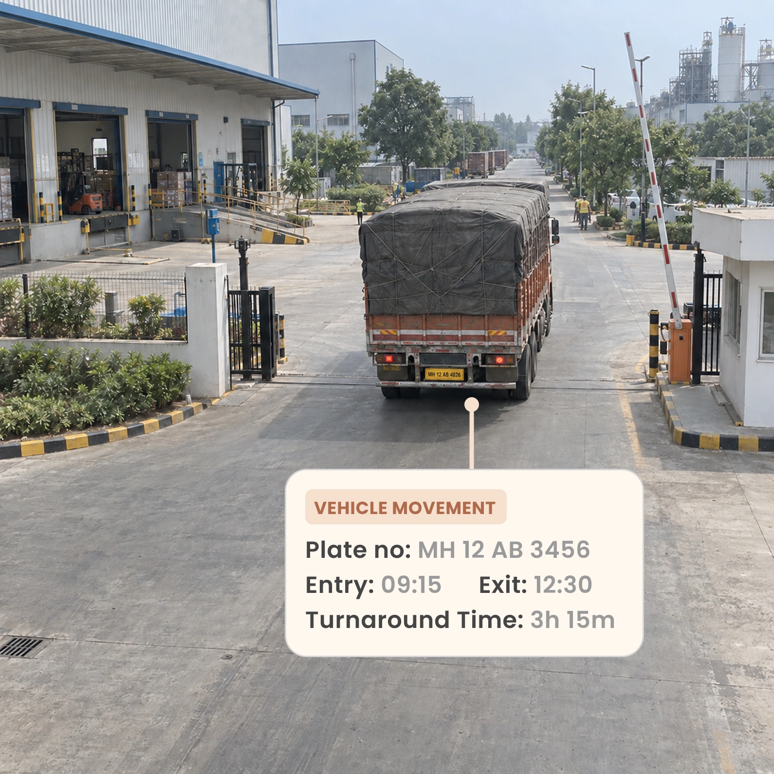 Vehicle movement with plate number, entry and exit times, and turnaround time