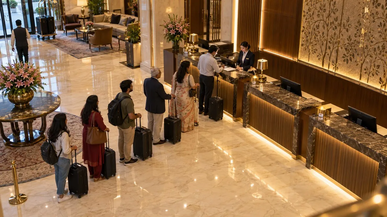 6 guests in the check-in queue, 1 counter open