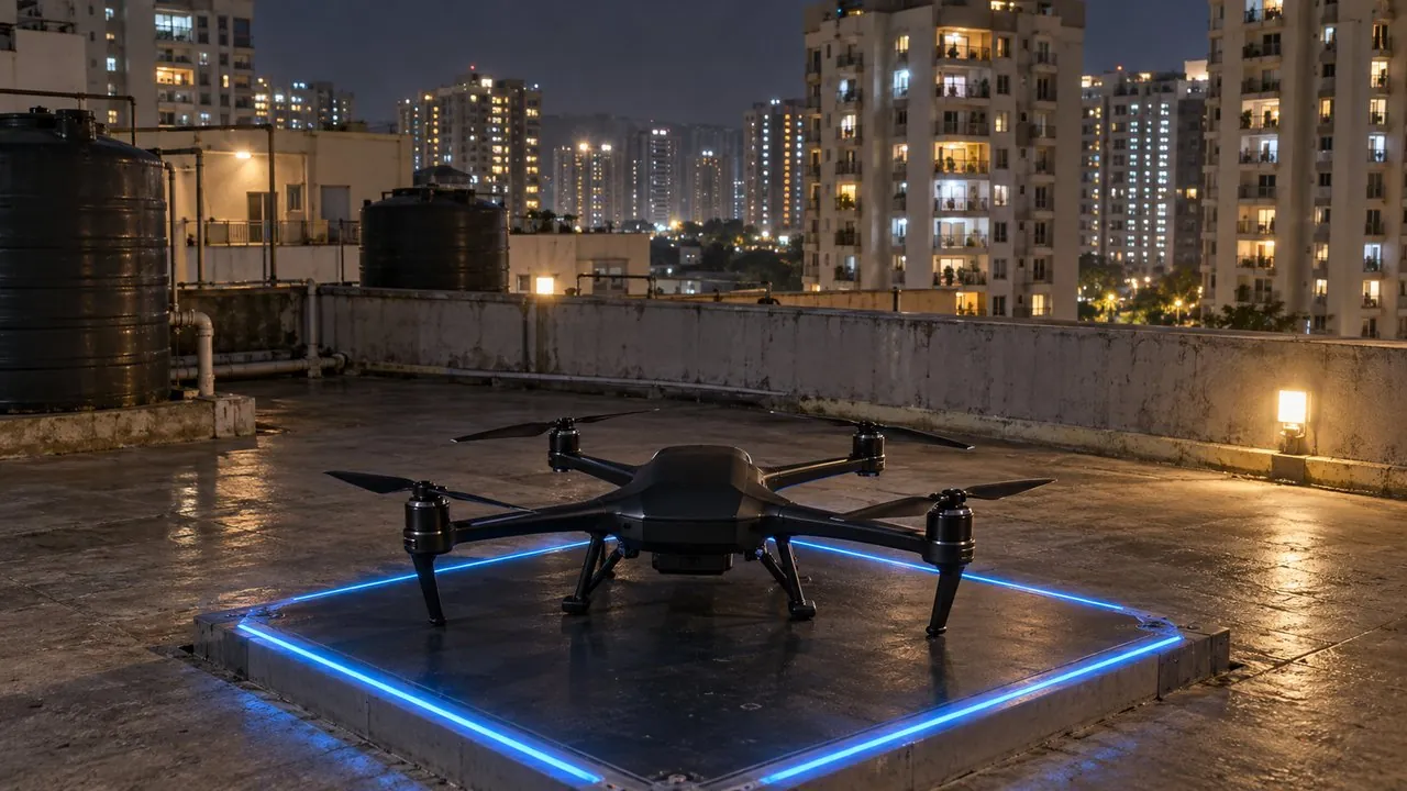 Zigzag AI Drone on its glowing charging pad on a tower terrace at night