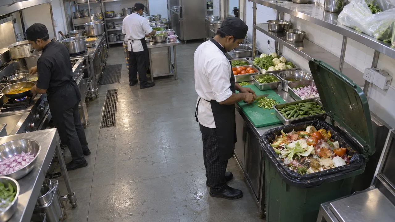 Dustbin overflowing with the lid open beside the veg prep