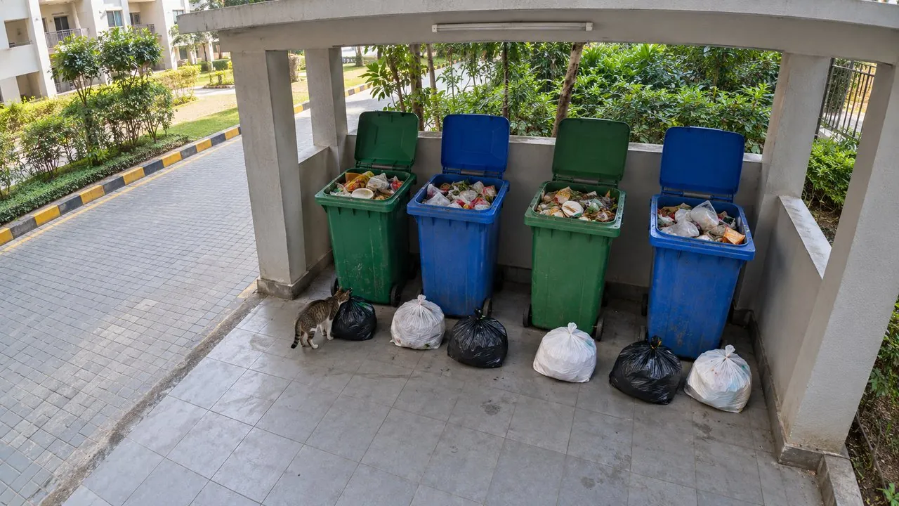 Garbage point overflowing, 6 bags on the floor at 10:40 AM