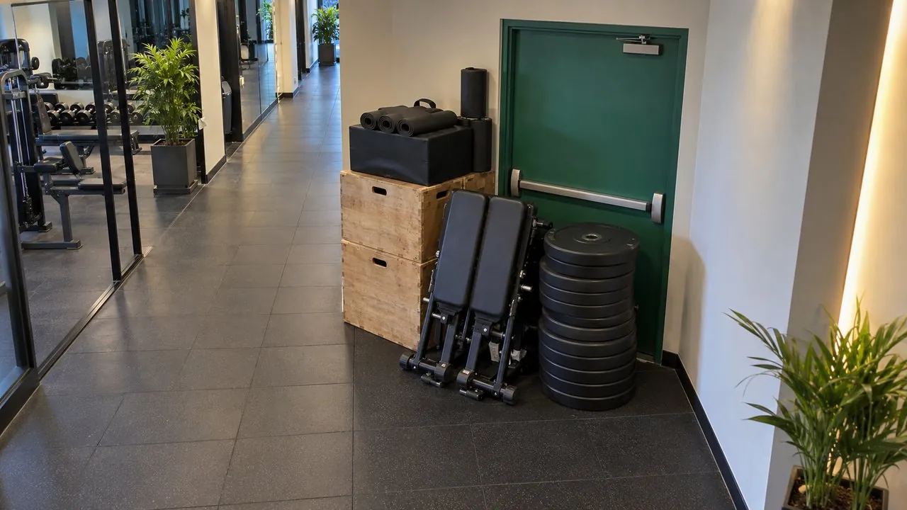 Fire exit blocked by boxes, benches and plates