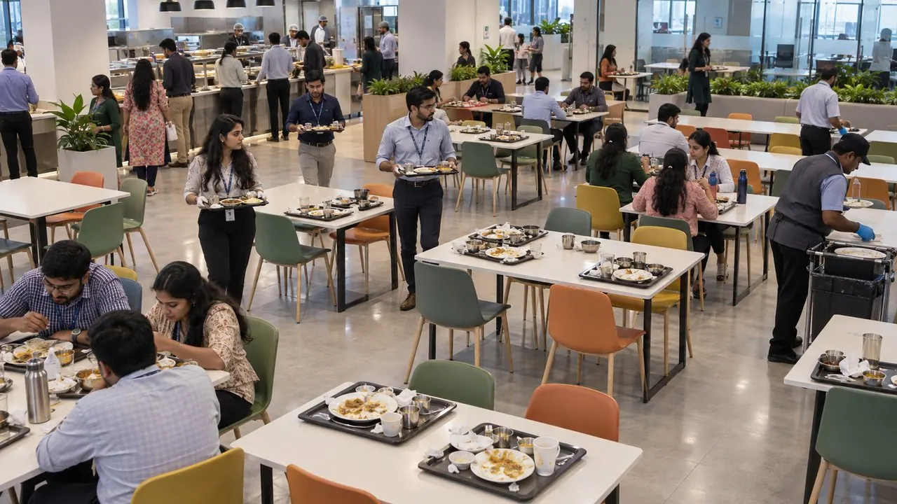 Tables not cleared, people with trays looking for a seat