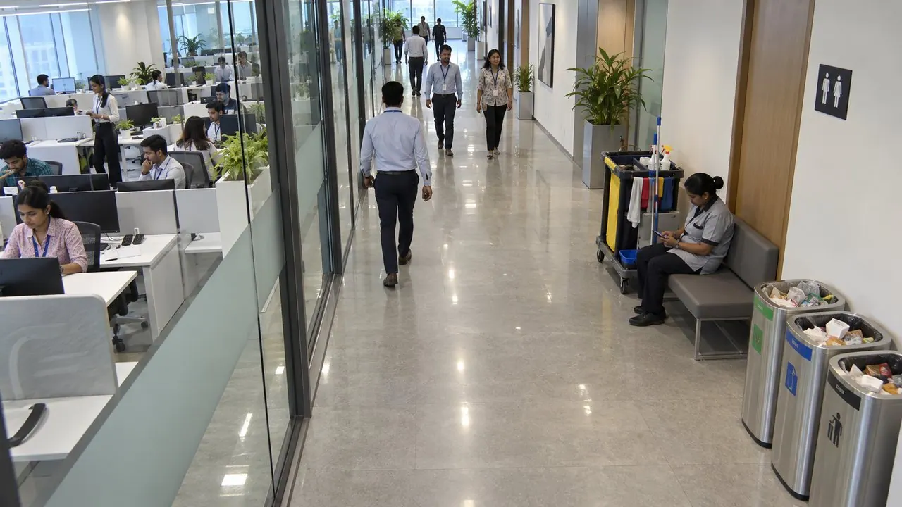 Housekeeping staff idle for 20 min, dustbins full beside her