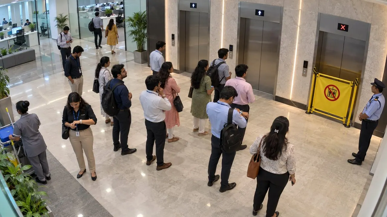 Lift out of service at 9:30 AM, 15 people waiting