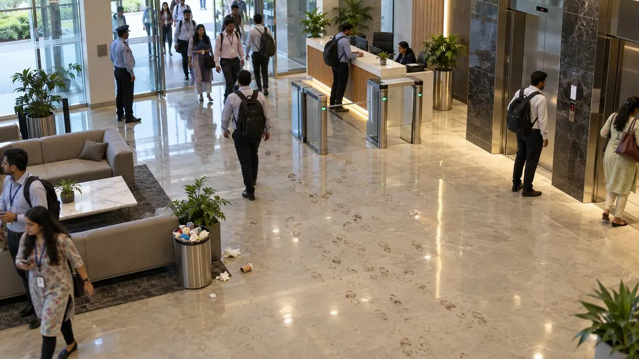 Lobby not cleaned by 9 AM, litter and muddy footprints