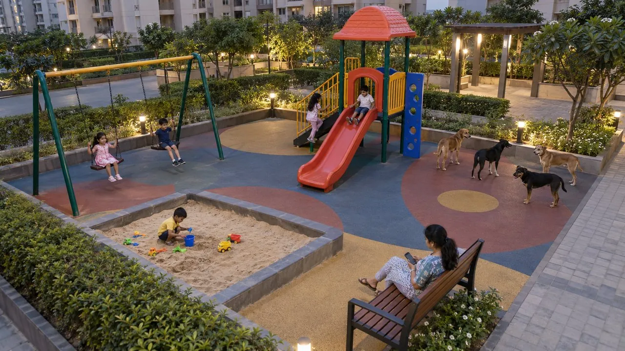 4 stray dogs near the play area while children play