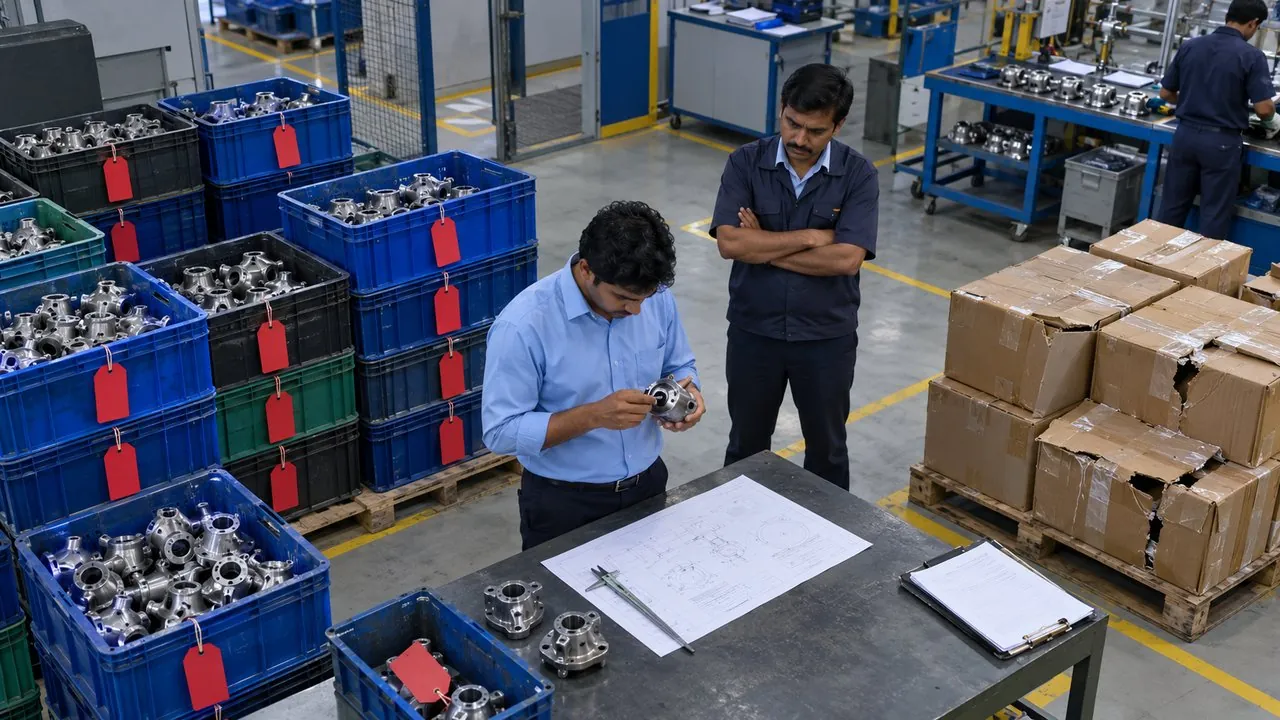 Returned parts on quality hold, an engineer checks one against the drawing