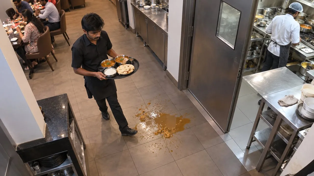 Curry spilled at the kitchen door, staff walking through it