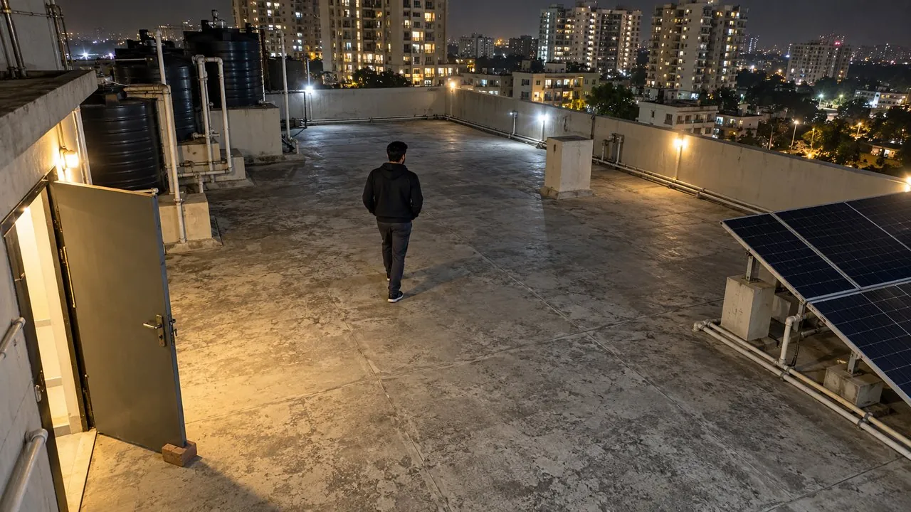 Person on the Tower C terrace at 11:40 PM, terrace locked after 9 PM