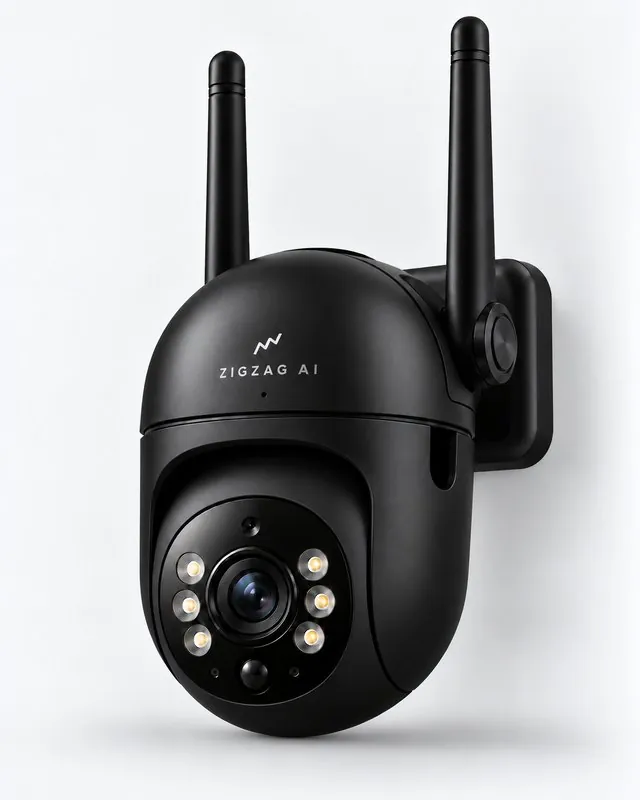 Zigzag Camera, a black Wi-Fi pan-tilt camera with twin antennas
