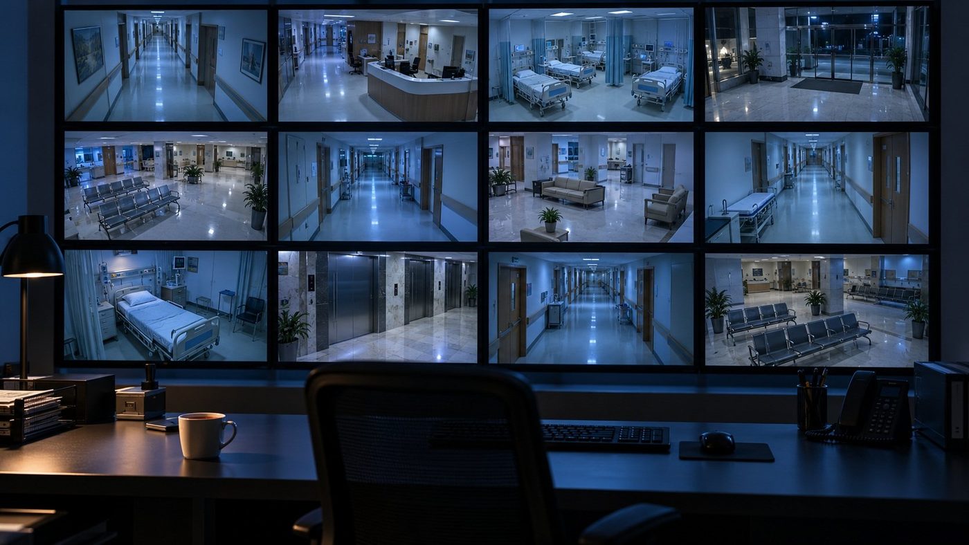 A hospital CCTV wall with many camera screens and nobody watching